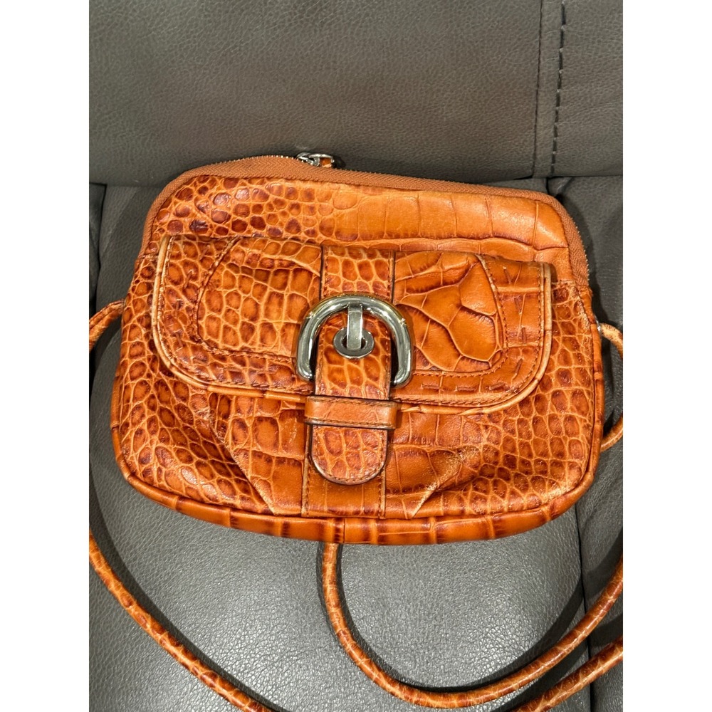 B Makowsky‎ Orange Croc Embossed Leather Crossbody Bag Silver Buckle Leopard